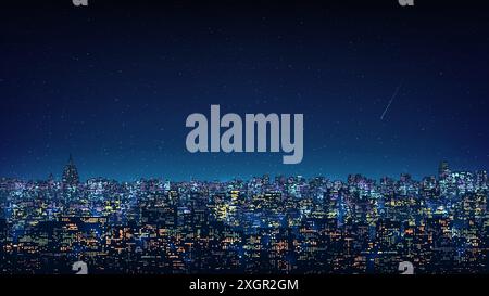Stadtbild, Stadtgebäude bei Nacht. Stadt ​​skyline bei Nacht. Nächtlicher Sternenhimmel. Dunkelblauer Stadtbild Hintergrund mit Sternen, Nebel, Meteor Stock Vektor