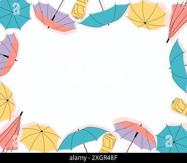 Bunte Schirmhintergrundillustration. Design mit flachen Regenschirmen auf hellem Hintergrund. Stock Vektor