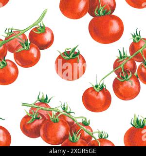 Frische reife Kirschtomaten auf einem Zweig, handgezeichnete Aquarellillustration, nahtloses Muster Stockfoto