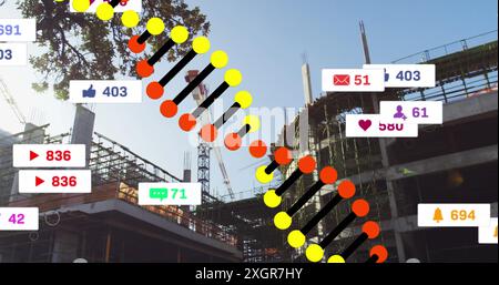 Bild des dna-Strangs und der Mediensymbole über der Stadtlandschaft. Social Media- und Kommunikationsschnittstellen-Konzept digital generiertes Bild. Stockfoto