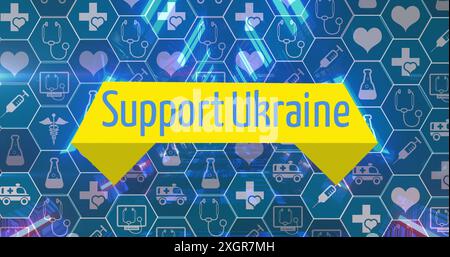 Bild von Support ukraine über Lichter und Sechsecke mit Symbolen. ukraine Krise und nationales Politikkonzept digital generiertes Bild. Stockfoto