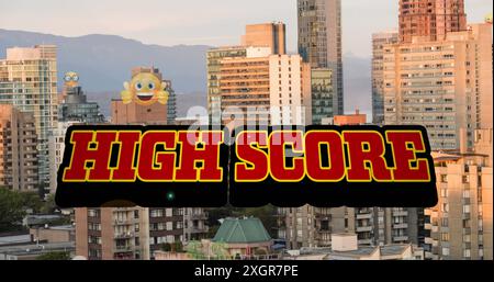 Bild von Text und Emoji-Symbolen über der Stadtlandschaft. Social Media- und Kommunikationsschnittstellen-Konzept digital generiertes Bild. Stockfoto