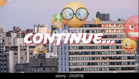 Bild von Continue- und Emoji-Symbolen über der Stadtlandschaft. Bildspiel, soziale Medien, Kommunikations- und Unterhaltungskonzept digital generiertes Bild. Stockfoto