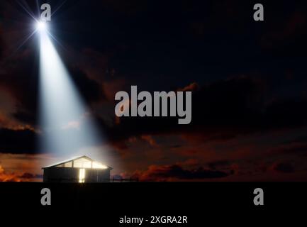 Eine Darstellung der Krippe Christi Geburt in Bethlehem mit dem isolierten Stall durch einen hellen Stern - 3D-Render lit Stockfoto