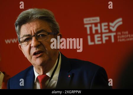 Brüssel, Belgien Juli 2024. Jean-Luc Melenchon, der Gründer der LFI-Partei La France Insoumise, hält am 10. Juli 2024 eine Pressekonferenz im Europäischen Parlament in Brüssel (Belgien). Credit: ALEXANDROS MICHAILIDIS/Alamy Live News Stockfoto