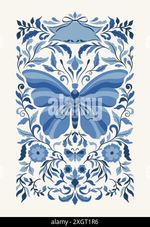 Sammlung von eleganten schönen tropischen Schmetterlingen und Pflanzen Symmetrie isoliert auf Hintergrund. Niedliche fliegende Schmetterlingsinsekten und Blätter für Stock Vektor