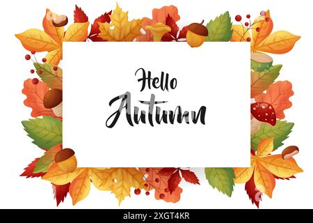 Genießen Sie die Schönheit des Herbstes mit diesem atemberaubenden „Hello Autumn“-Poster mit lebhaften Herbstblättern, Eicheln, Pilzen und Beeren. Vektor Stock Vektor
