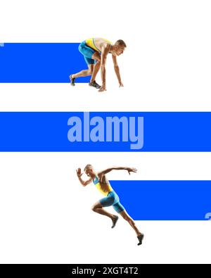 Muskulöser und sportlicher junger Mann, Läufer in Bewegung, Training vor weißem Hintergrund mit abstraktem farbenfrohem Element. Minimalistisches Design. Stockfoto
