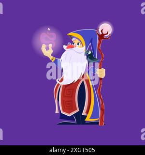 Cartoon Halloween Zauberfigur. Ein alter Zauberer mit Stabzauber. Merlin- oder Dumbledore-Märchenfigur mit langem weißen Bart, langem Gewand, spitzem Hut und Rabe auf der Schulter Stock Vektor