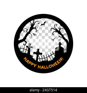 Halloween Social Media Post Frame Vorlage. Vektorrunde Grenze mit geisterhaften Bäumen und Friedhof. Gruseliger Hintergrund mit schwarzen und orangen Farben, fliegenden Fledermäusen, Friedhofsgräbern und Fledermaussilhouetten Stock Vektor