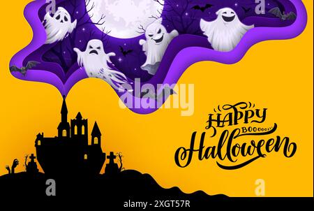 Halloween-Banner mit Schloss, gruseligen Geistern und Friedhof-Grabsteinen mit Zombie-Hand-Silhouetten. Vektor-Grußkarte mit Spukhaus, Friedhof und 3D wellenförmigem Rahmen mit Spoks Stock Vektor