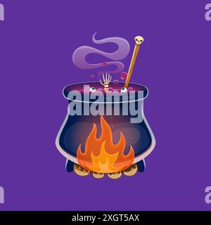 Cartoon Halloween Kessel mit Hexentrank. Vektor-Magie-Topf mit kochendem Brauen, Skelettarm und schwimmenden Augäpfeln in dampfender Goo. Isolierter Wasserkocher mit Gift für böse Zauberer, Zauberin oder Magier Stock Vektor