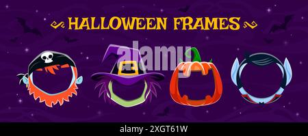 Halloween Avatar Maske Rahmen von Monstern für Horror Nacht Feiertage, Vektor Cartoon Gesichter. Kürbis, Hexe und Pirate mit Dracula Vampir Gesichtsrahmen für Halloween lustige oder gruselige Masken oder Fotokabine Stock Vektor