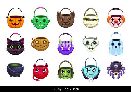 Halloween Süßigkeiten Eimer, Taschen und Körbe für Trick or Treat Süßigkeiten isolierte Vektor-Set. Zombie, Vampir, Kürbis, Geist, Teufel, Topf und schwarze Katze mit Schädel- oder Hexen-, Mumien-, Clown- oder Werwolf-Gesichtern Stock Vektor
