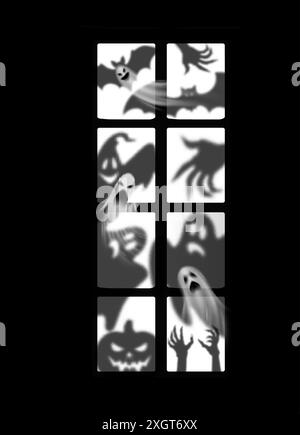 Realistische Geister und Monster-Silhouetten am Halloween-Fenster mit Vektortransparenten Schatten. Halloween-Feiertagshintergrund mit Silhouetten von gruseligen Kürbis, Zombiehändern und fliegenden Fledermäusen im Fenster Stock Vektor