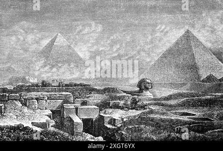 Der Pyramidenkomplex von Gizeh und die große Sphinx von Gizeh, Stadt Gizeh, Großraum Kairo, Ägypten, historische Illustration 1886 Stockfoto