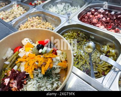 Bayern, Deutschland - 10. Juli 2024: Auswahl frischer Salate in einem Supermarkt. Die Salate gibt es in einer Selbstbedienungstheke die Salate gibt es in einer Selbstbedienungstheke *** Auswahl frischer Salate in einem Lebensmittel Supermarkt. Die Salate sind in einer Selbstbedienungstheke Stockfoto