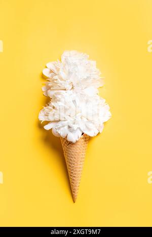 Weiße Pfingstrose Blumen im Waffelkegel auf hellgelbem Hintergrund. Eisbecher mit Blumen, kreatives Blumendesign im Sommer. Stockfoto