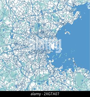 Karte von Boston in Massachusetts in Blau. Enthält mehrschichtigen Vektor mit Straßen, Wasser, Parks usw. Stock Vektor