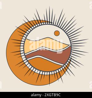 Mystische Zeichnung von Mond- und Talabzeichen. Einfache Vektorillustration der Wüste. Sand, Landschaft bei Sonnenuntergang, ästhetische Umrissfigur Stock Vektor