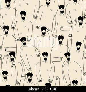 Cartoon-Männer sehen sich mit einem nahtlosen Muster an. Handzeichnung von Menschen auf beigefarbenem Hintergrund. Vektor-Illustration Kritzellinie Art Stil. Abstraktes Design f Stock Vektor