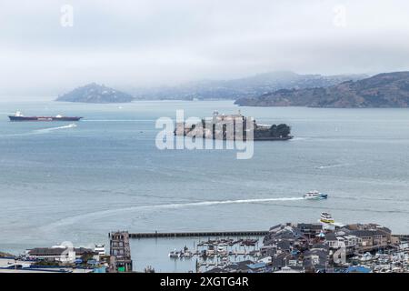Alcatraz Island und die Bay Area in San Francisco wurden aus der Vogelperspektive aufgenommen Stockfoto