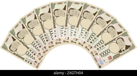 Neue 10.000-Yen-Scheine für 100.000 Yen, verteilt in Fächerform - Übersetzung: Bank of Japan Yen, 10.000 Yen Stock Vektor