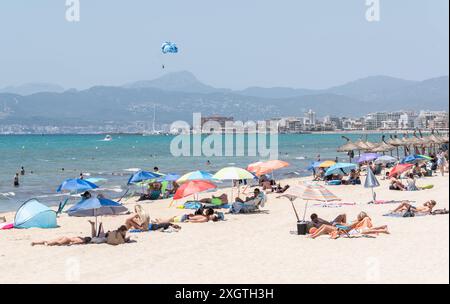 Eindrücke vom Strand in Playa de Palma auf der Insel Mallorca zur Hauptsaison im Sommer 2024Mittelmeerinsel Mallorca während der Hauptsaison im Juli 2024, Palma Mallorca Spanien Playa de Palma *** Impressionen des Strandes in Playa de Palma auf der Insel Mallorca während der Hochsaison im Sommer 2024 Mittelmeerinsel Mallorca während der Hochsaison im Juli 2024, Palma Mallorca Spanien Playa de Palma Stockfoto