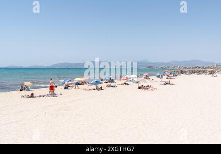 Eindrücke vom Strand in Playa de Palma auf der Insel Mallorca zur Hauptsaison im Sommer 2024Mittelmeerinsel Mallorca während der Hauptsaison im Juli 2024, Palma Mallorca Spanien Playa de Palma *** Impressionen des Strandes in Playa de Palma auf der Insel Mallorca während der Hochsaison im Sommer 2024 Mittelmeerinsel Mallorca während der Hochsaison im Juli 2024, Palma Mallorca Spanien Playa de Palma Stockfoto