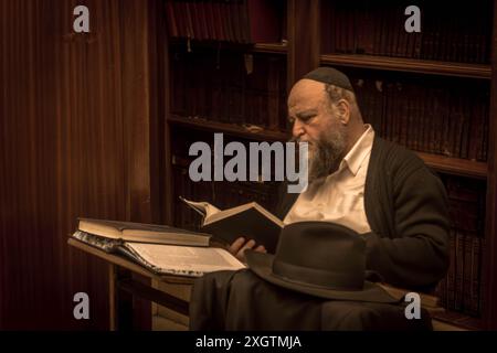 Der Haredi (ultra-orthodoxe jüdische Mann), der Tora liest, das heiligste Buch des Judentums, geschrieben auf Hebräisch, in Jerusalem, Israel. Stockfoto