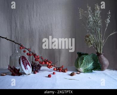 Künstlerisches Stillleben mit winzigen roten Krabbenäpfeln, einem geteilten Radicchio und einem üppigen savoyenkohl auf einem strukturierten grauen Hintergrund mit dezentem Licht Stockfoto