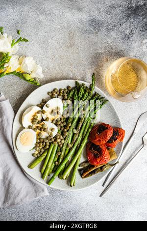 Ein ordentlich angeordneter Teller mit gesunden Mittagsoptionen mit einem gekochten Ei, gegrilltem Spargel, Kapern und hell gegrilltem Gemüse einschließlich tom Stockfoto