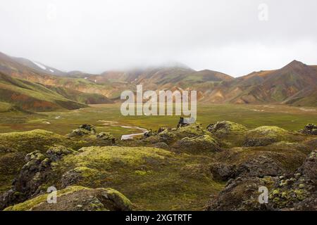 Ein ruhiges Bild in Brennisteinsalda, das die riesige, üppige Landschaft Islands mit lebhaften, bunten Bergen, die in Nebel gehüllt sind, einfängt und einen hervorhebt Stockfoto