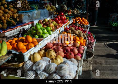 Eine bunte Auswahl an frischem Obst, einschließlich grüner Äpfel, Orangen und Birnen, die ordentlich in Kisten auf einem geschäftigen Markt in Hongkong angeordnet sind. Stockfoto