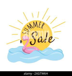 Sommerangebot. Einfache Vektorillustration des Sommerferien mit Sonne, Meer und Flamingo aufblasbarem Ring. Bild für Aufkleber Stock Vektor