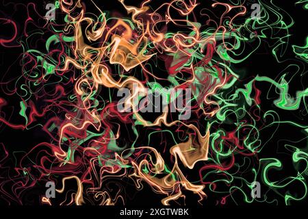 Digitale Illustration mit lebendigen, dynamischen Rauchspuren in Rot-, Grün- und Orange-Tönen vor einem krassen schwarzen Hintergrund, ideal für künstlerische Zwecke und Mode Stockfoto