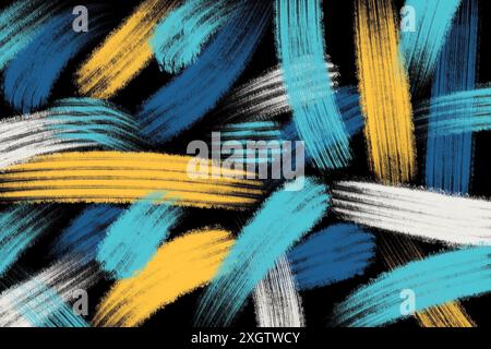 Eine künstlerische Illustration mit chaotischen Pinselstrichen in Blau-, Gelb- und Schwarz-Tönen, perfekt für dynamische Hintergründe oder kreative Projekte Stockfoto