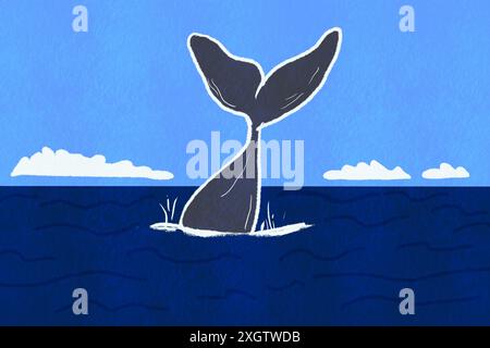 Eine minimalistische Illustration, die einen Walschwanz zeigt, der aus dunkelblauen Meereswellen unter einem Himmel mit flauschigen Wolken auftaucht Stockfoto