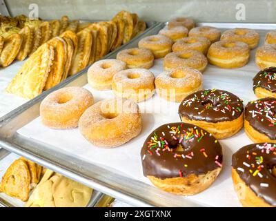 Verschiedene Donuts, einschließlich Zucker- und Schokoladenfrostsorten, zusammen mit anderen Backwaren Stockfoto