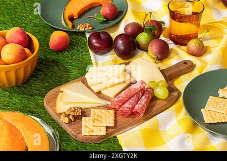 Eine farbenfrohe Picknickszene im Sommer zeigt eine Auswahl an Snacks, darunter Käse, Salami, Trauben und frisches Obst, das wunderschön auf einer grasbewachsenen Oberfläche angeordnet ist Stockfoto
