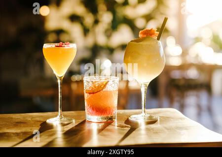 Eine Auswahl von drei wunderschön präsentierten Cocktails in einer Holzbar. Die warme Umgebungsbeleuchtung verstärkt die lebendigen Farben der Getränke und schafft so einen Stockfoto