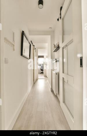 Moderner, schmaler Wohnflur mit Holzfußboden, weißen Wänden mit kleinen Kunstwerken und eleganten Wandarmaturen. Idealerweise Portra Stockfoto