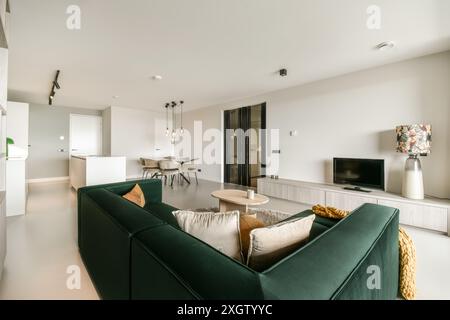 Helles, minimalistisches Wohnzimmer mit einem modernen grünen Sofa, offenem Grundriss und schicken Dekorationsakzenten. Stockfoto