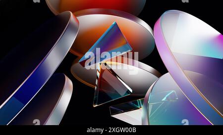 Ein digitales Kunstwerk mit leuchtenden, farbigen Glasformen mit komplexen 3D-Reflexionen und -Brechungen, das eine optisch fesselnde Szene schafft. Stockfoto