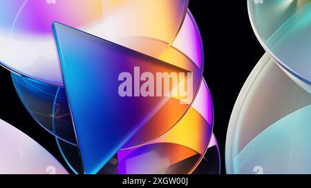 Dieses Bild zeigt eine lebendige abstrakte 3D-Illustration mit mehreren Glasflächen mit dynamischen Reflexionen und Brechungen in einem Spektrum von Co Stockfoto