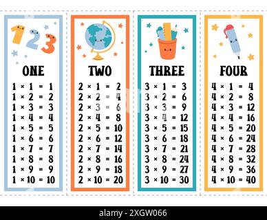 Times Tables Vektor festgelegt. Druckbare Multiplikationstabelle von eins, zwei, drei und vier. Mathematische Druckvorlage für Grundschüler in Stock Vektor