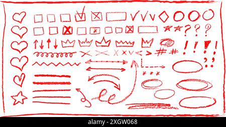 Rot unterstrichen Bleistift handgezeichnet verschiedene Ellipsen, Satzzeichen, Richtungszeiger, Pfeile, Sterne, Fragezeichen und Ausrufezeichen. Vektor Stock Vektor