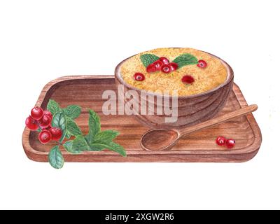 Rustikale Holzschale gefüllt mit Brei und roten Beeren auf Holztablett. Natürlicher, umweltfreundlicher Küchenteller und Löffel. Gemütliches und köstliches Frühstück Stockfoto