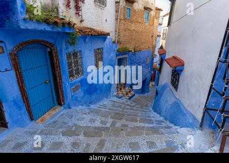 Unter klarem Himmel sind die Chefchaouen-Gassen ein Labyrinth aus Wänden und Treppen in verschiedenen Blautönen. Chefchaouen, Marokko. Stockfoto