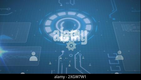 Abbildung der technischen Symbole und der Hauptplatine auf blauem Digitalbildschirm. Netzwerk, Verbindungen, Kommunikations- und Technologiekonzept digital generiertes Bild. Stockfoto